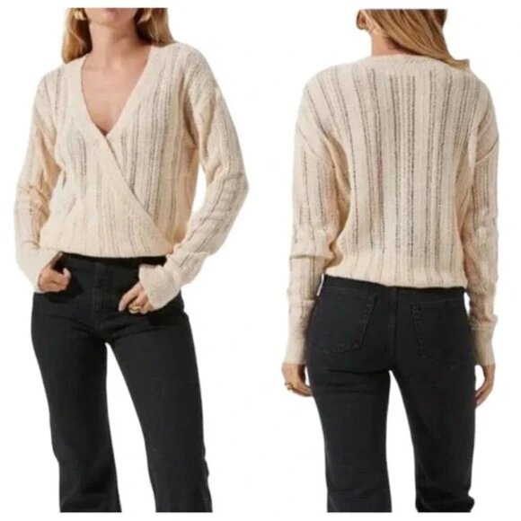 New ASTR Faux Wrap Pointelle Knit Long Sleeve Sweater Top Pullover Cream M - Picture 1 of 7